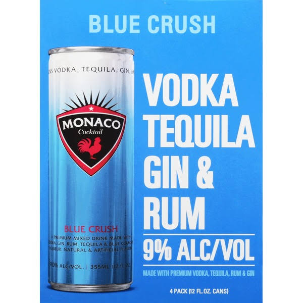Monaco Vodka Tequila Gin & Rum, Gluten Free, Blue Crush - 4 pack (12 fl oz cans)