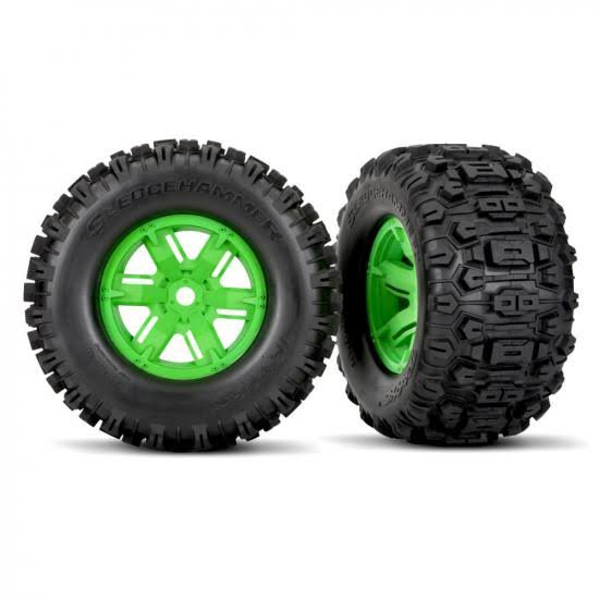 TRX7774G - Traxxas X-Maxx Sledgehammer Tyres Pre Glued on Green Wheels