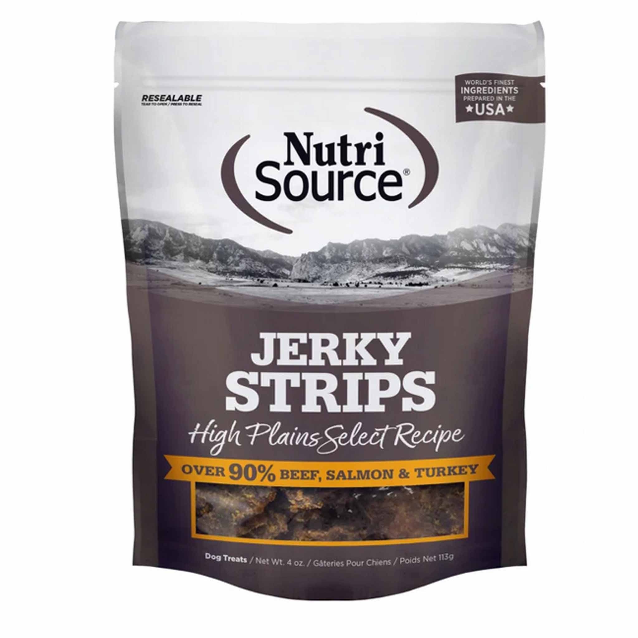 Nutrisource High Plains Select Jerky Strips Beef, Salmon & Turkey Grain-Free Jerky Dog Treats 4 oz