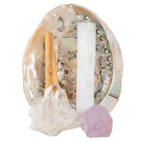 Wolf Spirit Sage Purification Crystal Kit with Abalone Shell, Amethyst, Clear Quartz, Selenite Stick and Palo Santo
