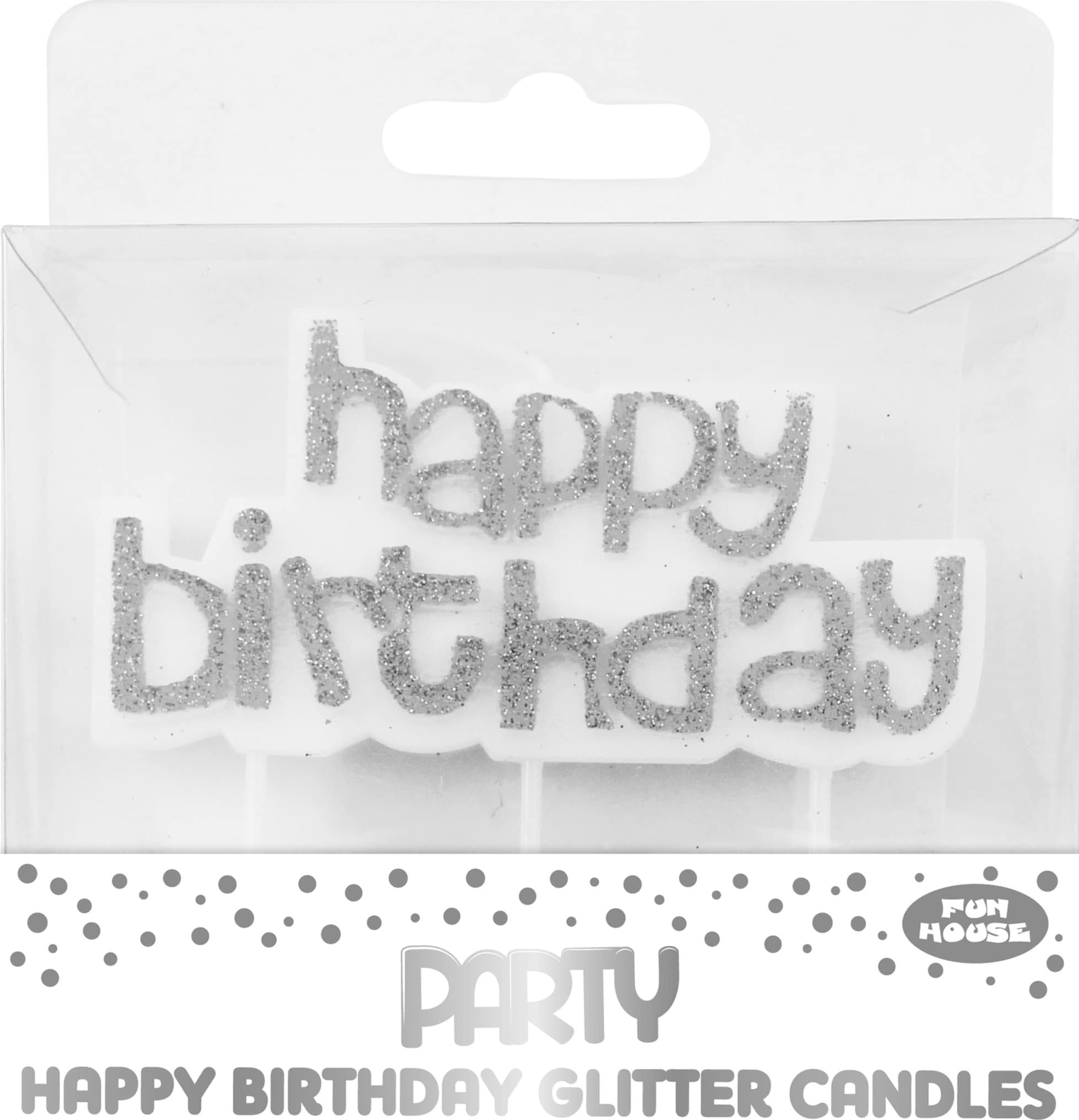 8.5 x 4cm Silver Glitter Happy Birthday Cake Candles Party Decoration