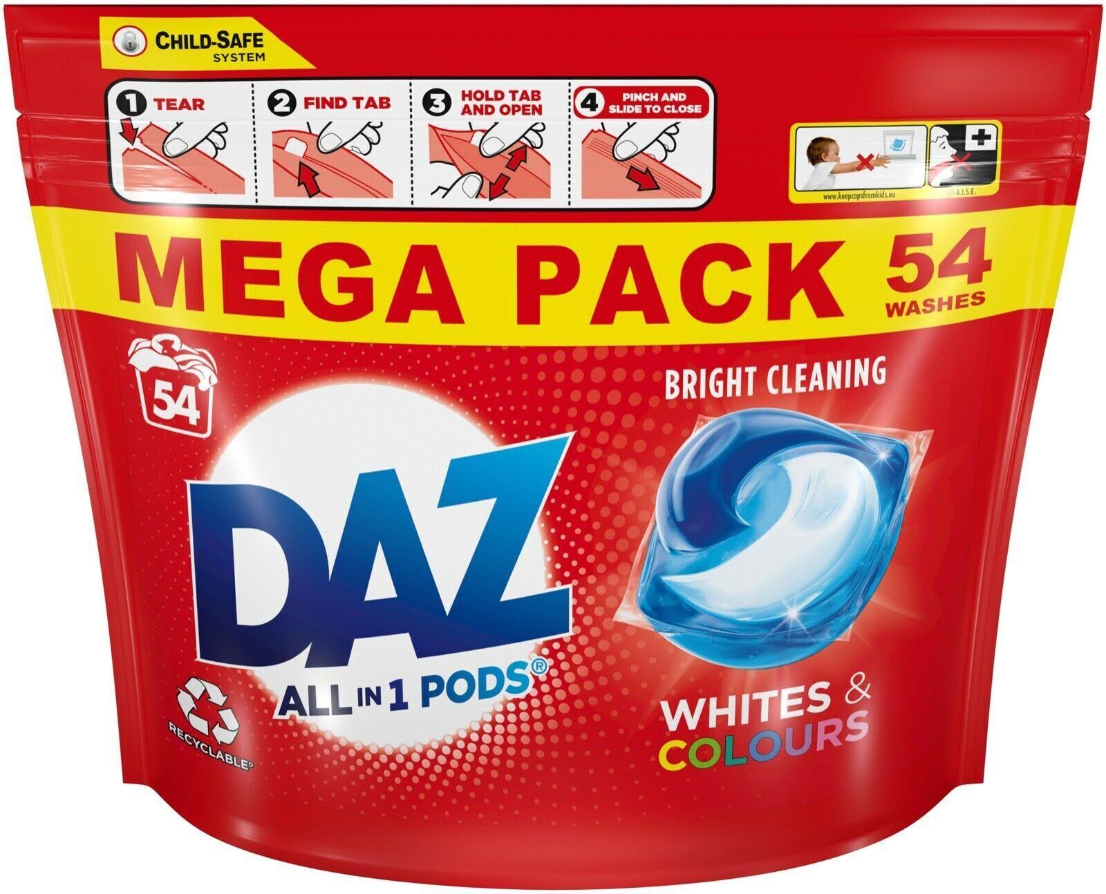 Daz All-in-1 Pods Washing Liquid Capsules Whites & Colours 54 Washes