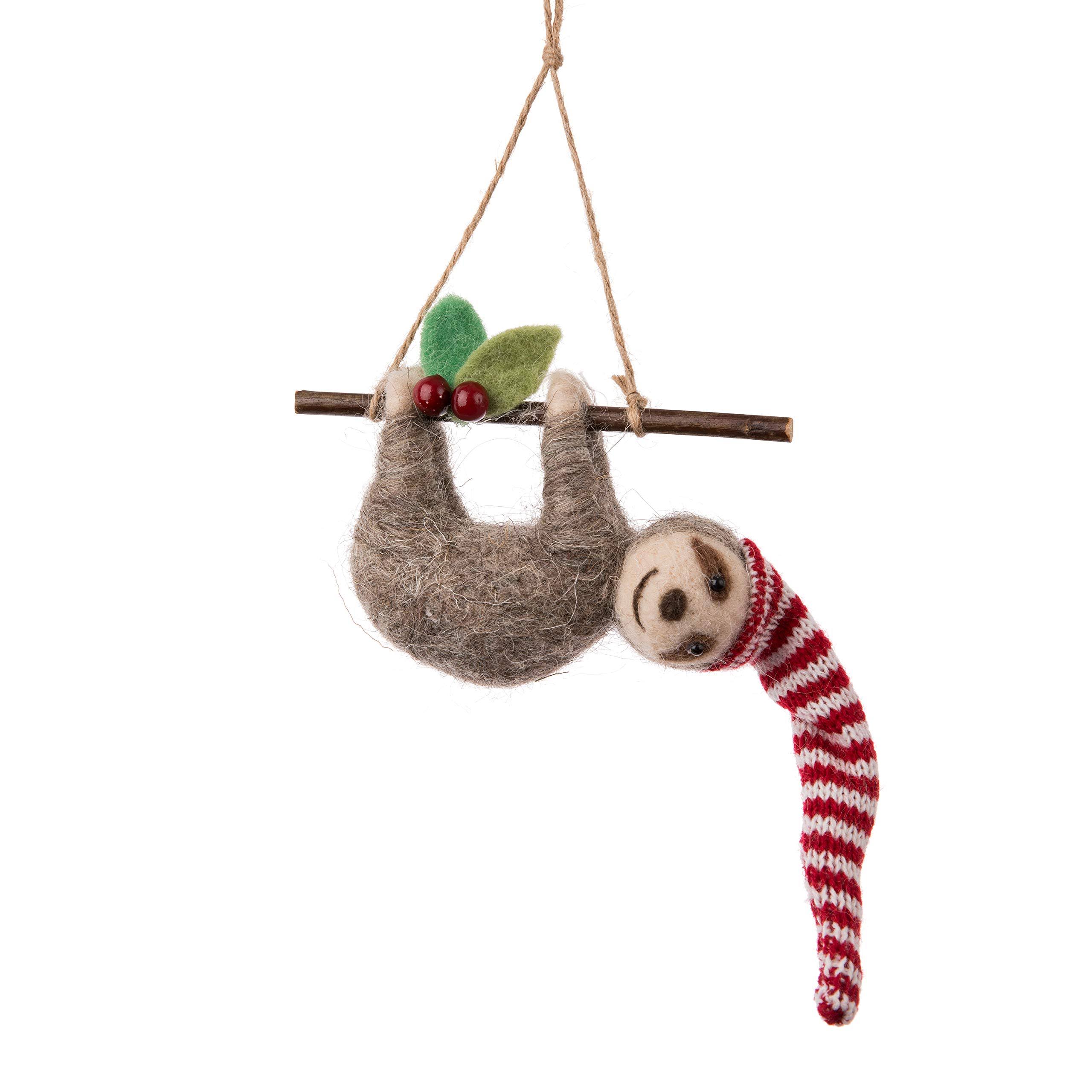 Abbott Sloth On Branch Ornament - Brown/Red, 6"