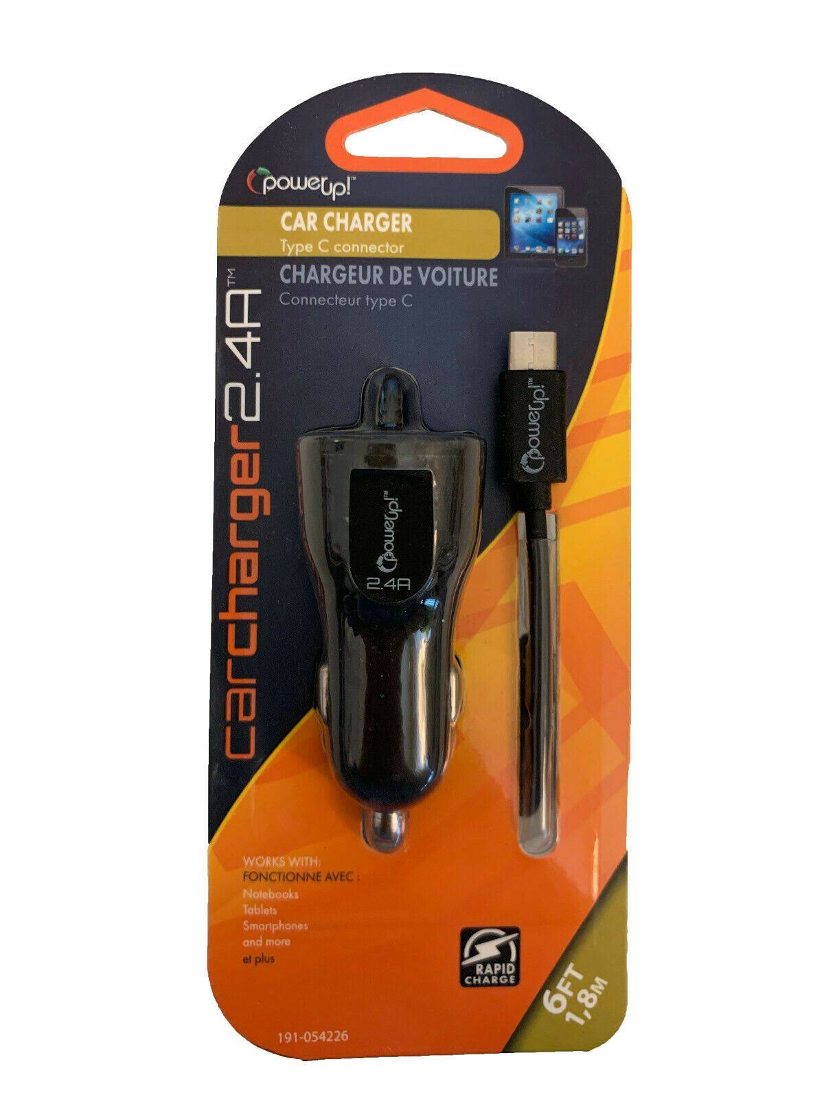 PowerUp! Car Charger 2.4a with 6ft. Type C Connector Cord (Black)