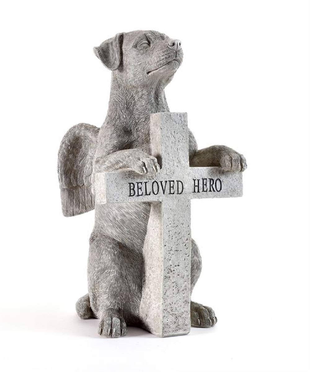 Giftcraft 12.6" Dog Memorial Design Statue W Angel Wings & Paws on Cross Says Beloved Hero