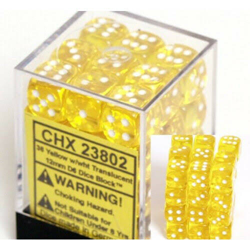 Chessex Translucent 12 MM D6 With Pips Dice Blocks 36 Dice Yellow With White