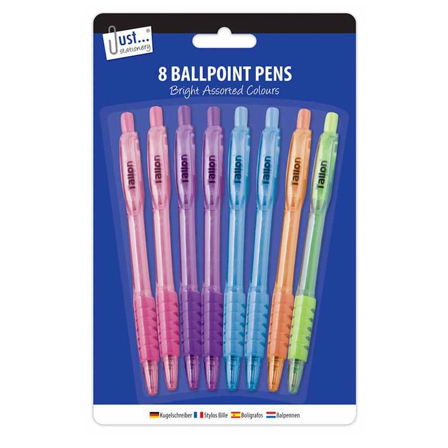 Just Stationery Ballpoint Assorted Coloured Pens | Pack of 8