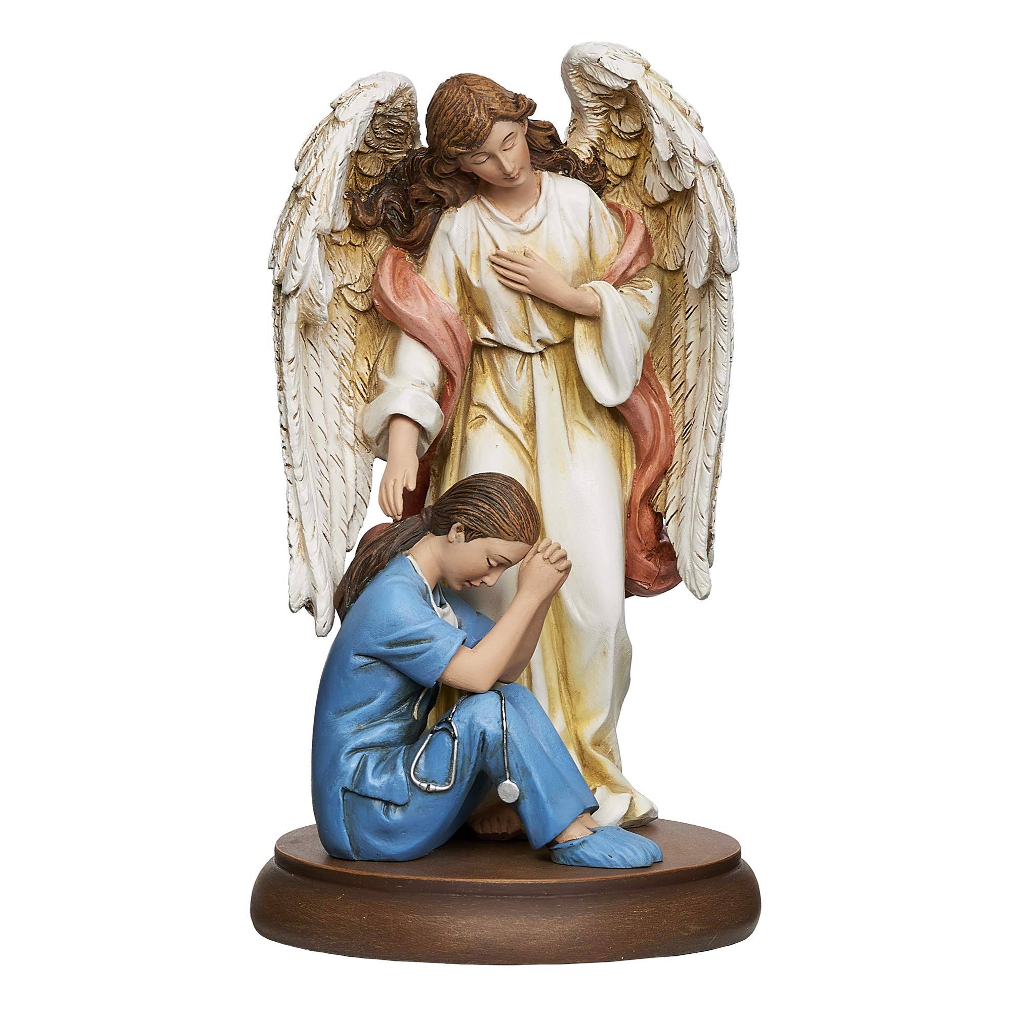 Roman 7.25" White and Blue Guardian Angel with Female Religious Tabletop Figurine