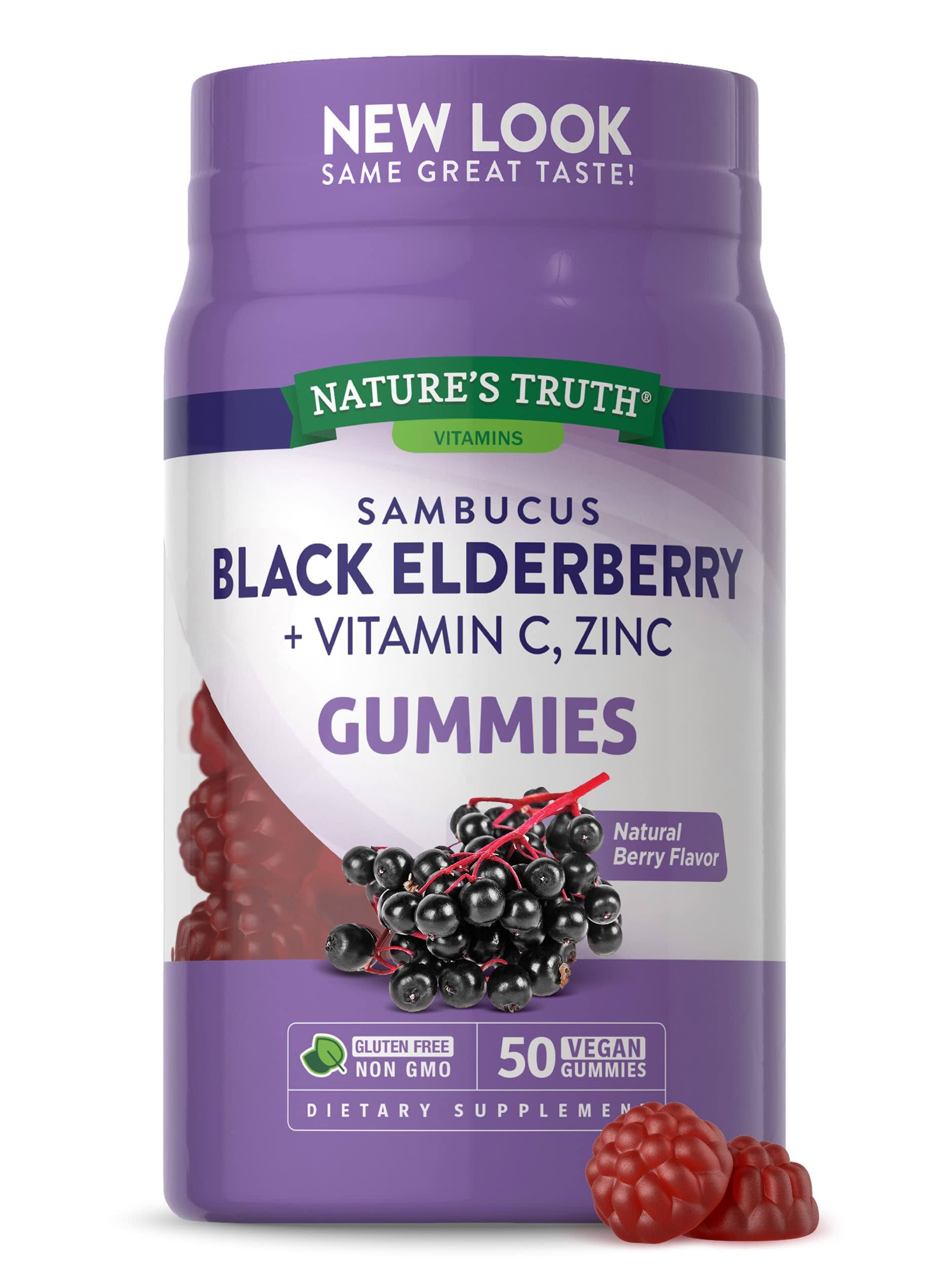 Nature's Truth Sambucus Black Elderberry Plus Vitamin C Zinc Natural Berry 50 Vegan Gummies