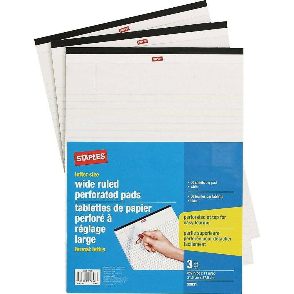 Staples Letter Size Perforated Wide Ruled White Paper Pads - 50 ct