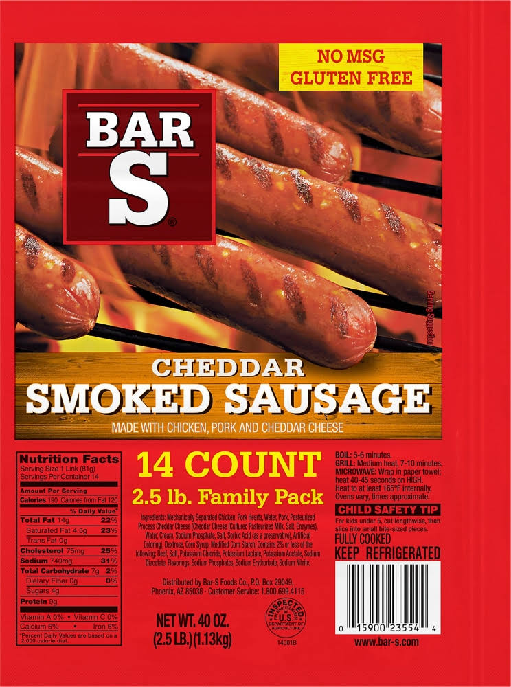 Bar-S Smoked Sausage - Cheese, 14ct