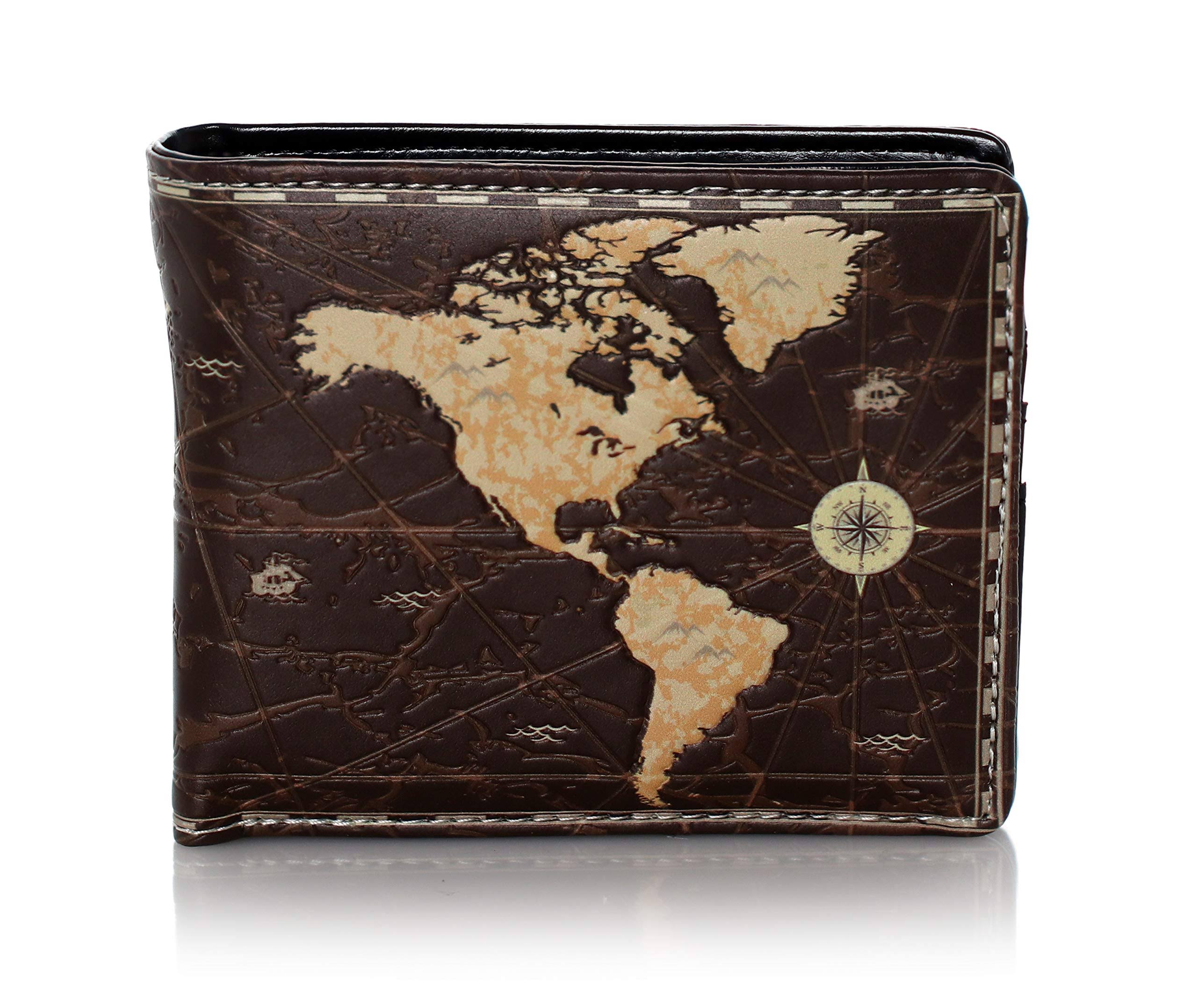 Shagwear Vintage Map Bi-Fold Faux Leather Men's Wallet, Brown