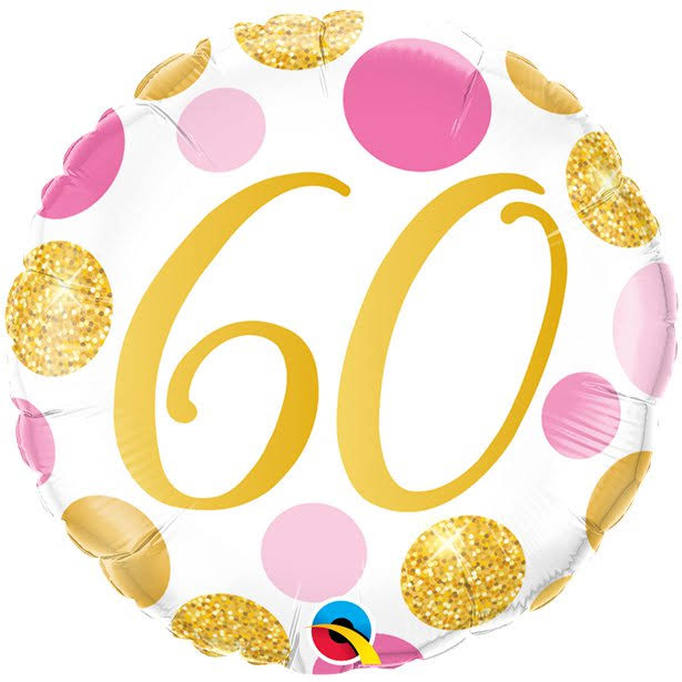 Qualatex Age 60/60th Birthday Pink & Gold Dots 18" Foil Balloon