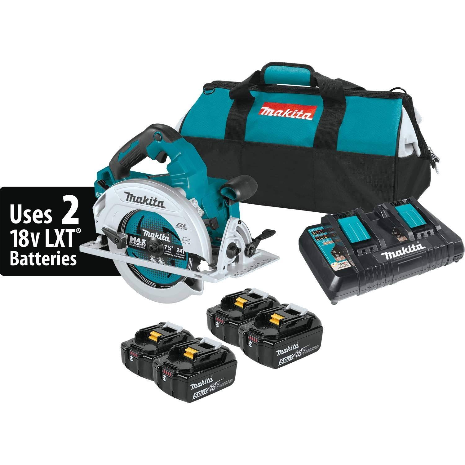 Makita 18V X2 LXT Lithium-Ion (36V) Brushless Cordless 7-1/4 in. Circular Saw Kit with 4 Batteries (5.0Ah) XSH06PT1