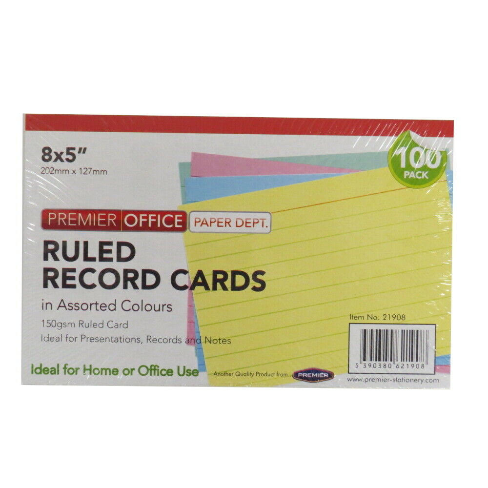 PREMIER OFFICE PKT.100 8"x5" RULED RECORD CARDS - COLOUR