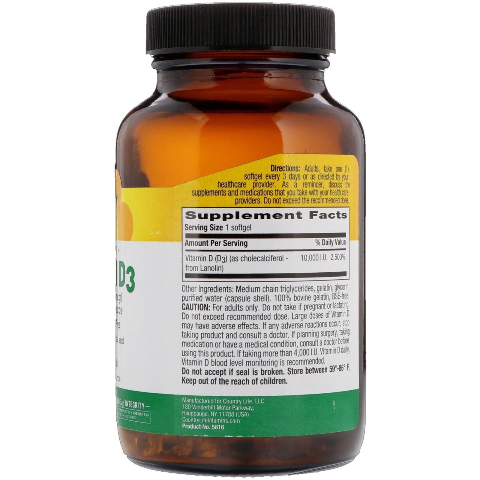 Country Life High Potency Vitamin D3 250 MCG (10 000 IU) 60 Softgels
