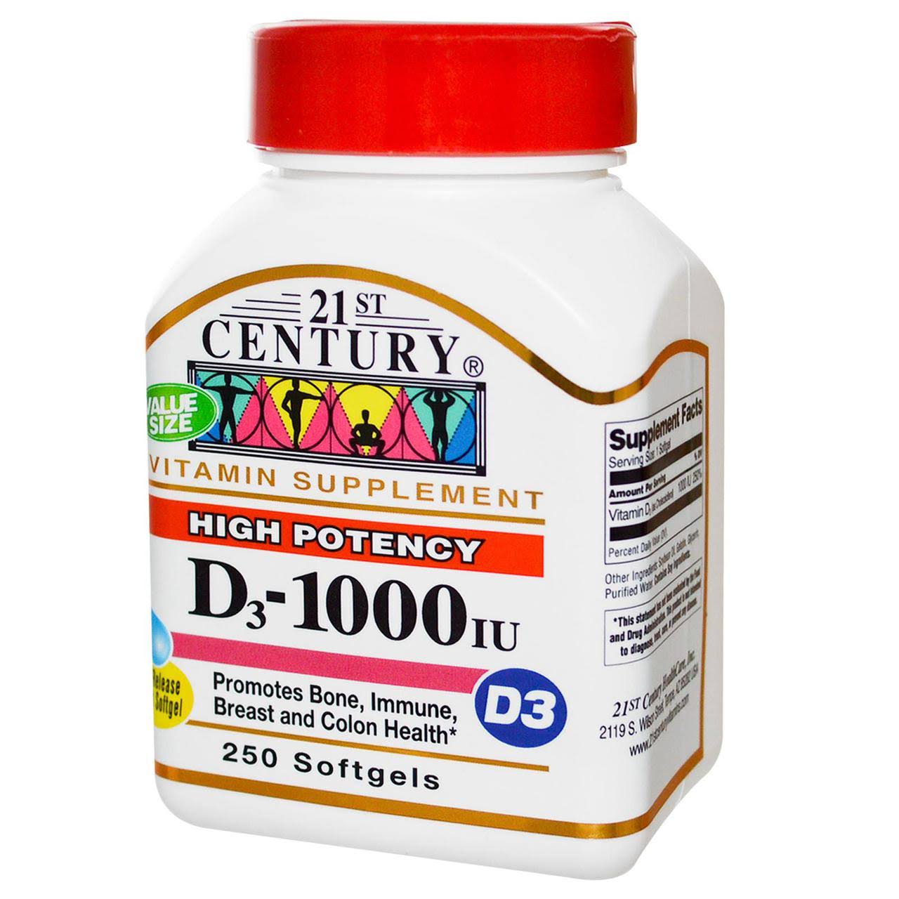 21ST Century Vitamin D3-1000 IU High Potency Softgels - 250 Softgels