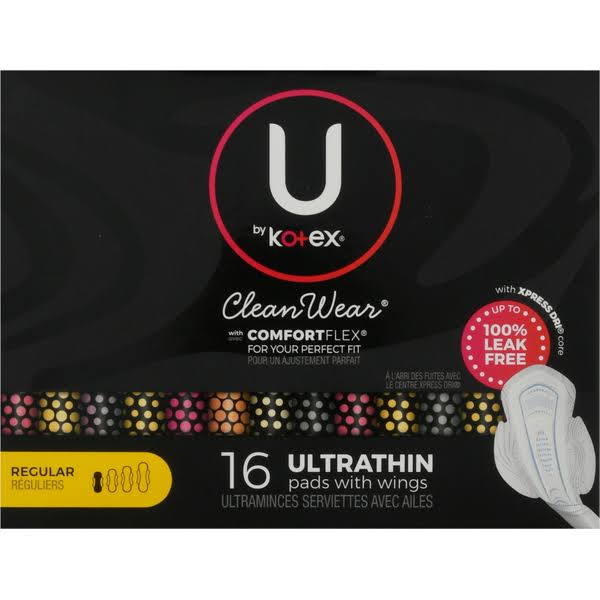 U By Kotex Clean Wear Pads, Ultrathin, with Wings, Regular - 16 pads